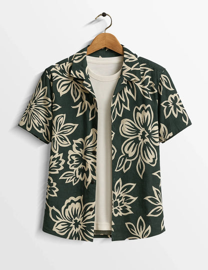 Dark Green Floral Print Shirt – Men’s Short Sleeve Button-Up (XS–6XL)
