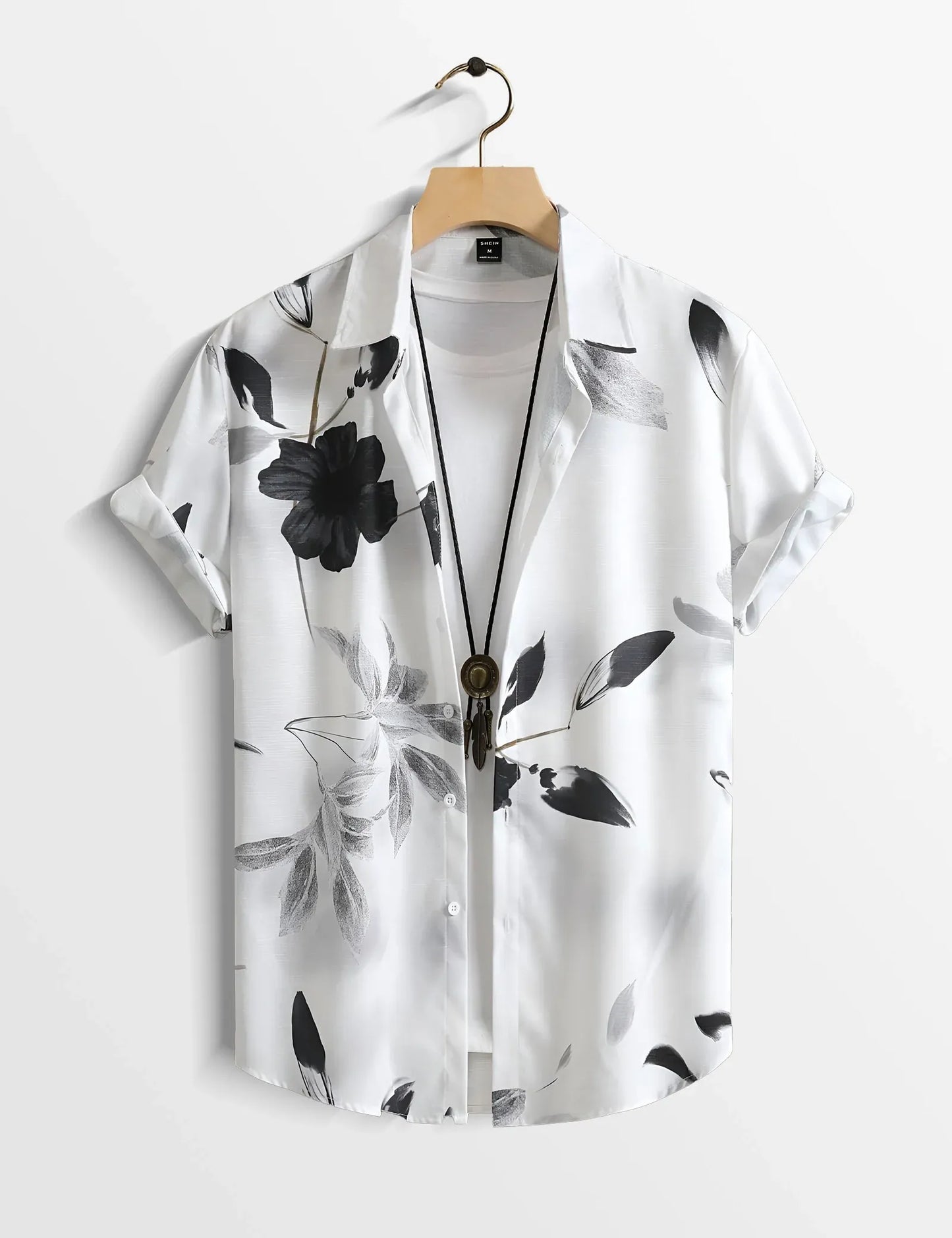 Monochrome Floral Print Shirt – Short Sleeve Button-Up (XS–6XL)