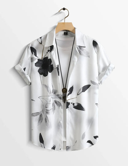 Monochrome Floral Print Shirt – Short Sleeve Button-Up (XS–6XL)