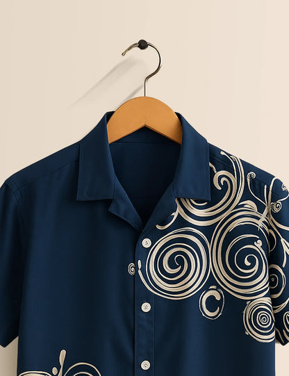 Navy Abstract Swirl Print Shirt – Men’s Short Sleeve Button-Up (XS–6XL)