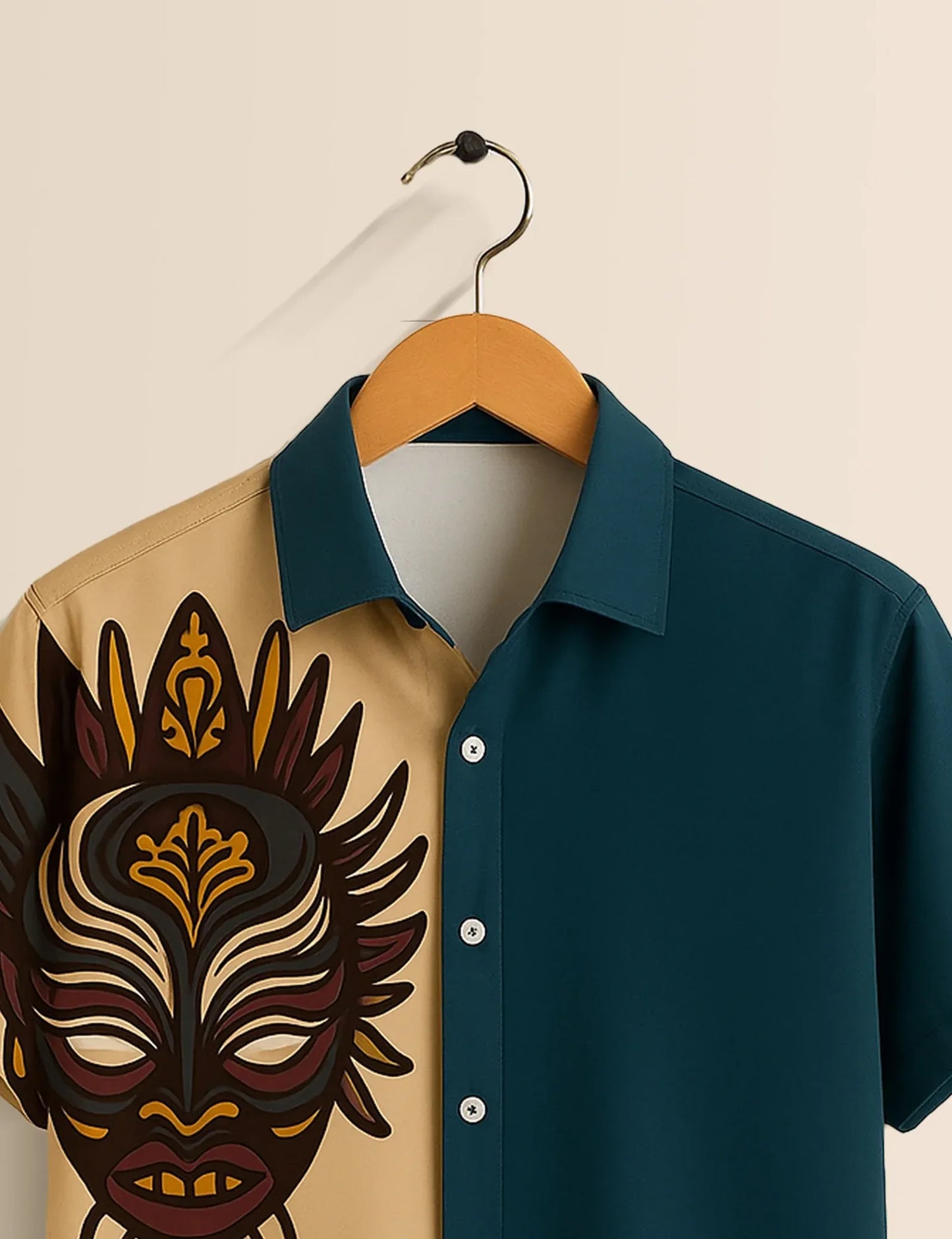 Tribal Mask Print Shirt – Men’s Short Sleeve Button-Up (XS–6XL)