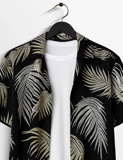 Black Palm Leaf Print Shirt – Men’s Short Sleeve Button-Up (XS–6XL)