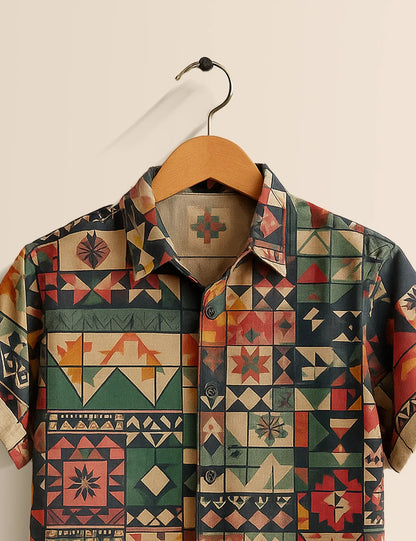 Geometric Tribal Patchwork Shirt – Men’s Short Sleeve Button-Up (XS–6XL)