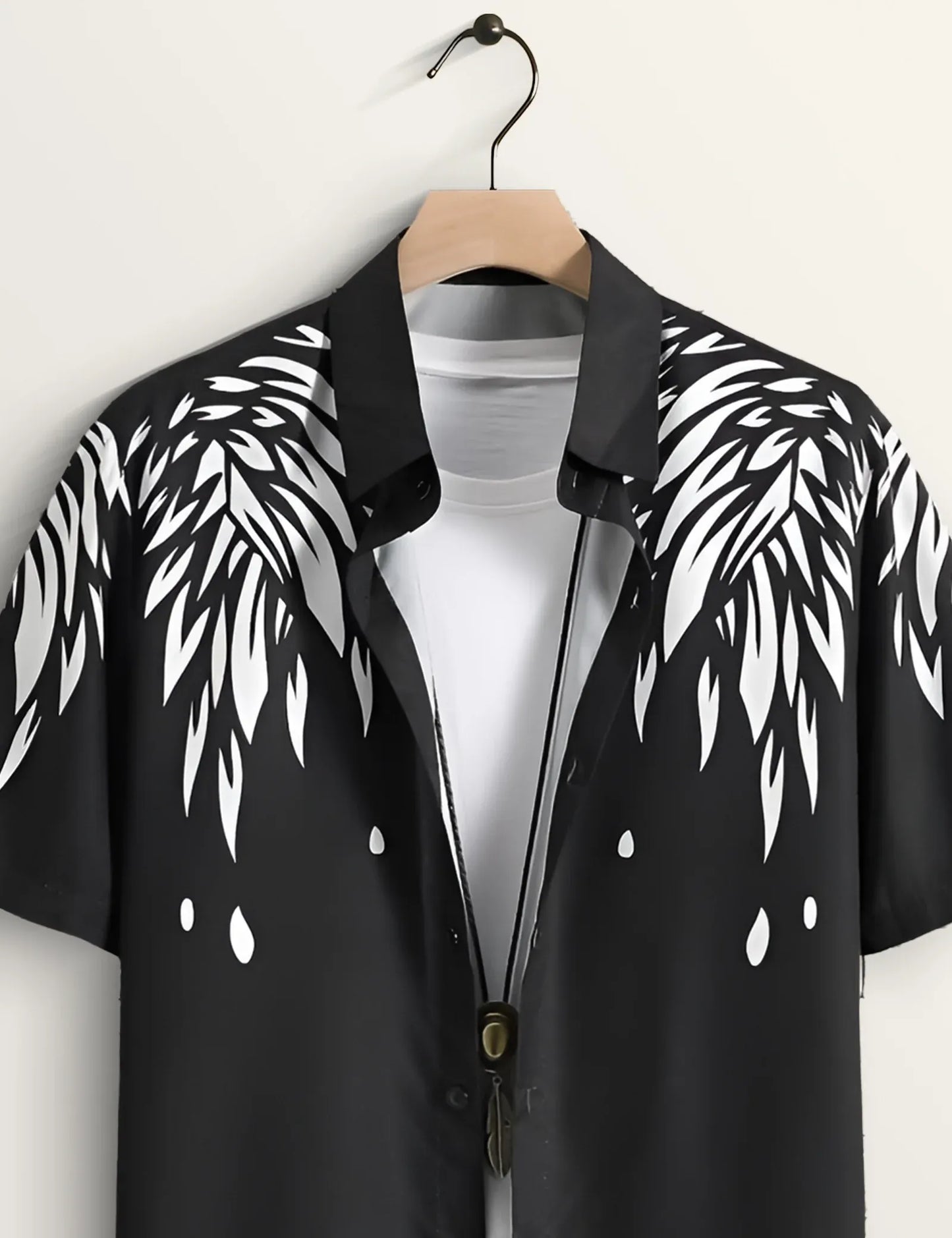 Black Abstract Feather Print Shirt – Men’s Short Sleeve Button-Up (XS–6XL)
