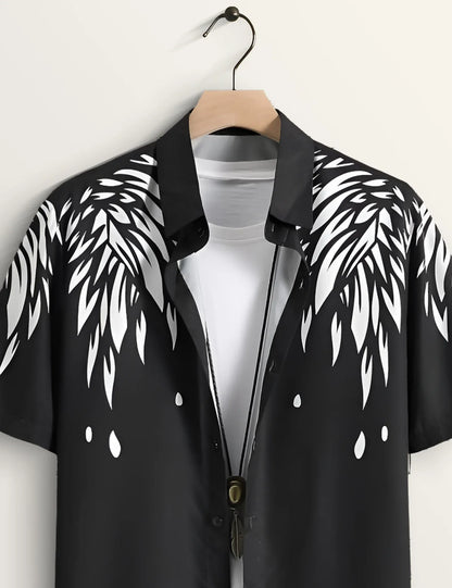 Black Abstract Feather Print Shirt – Men’s Short Sleeve Button-Up (XS–6XL)