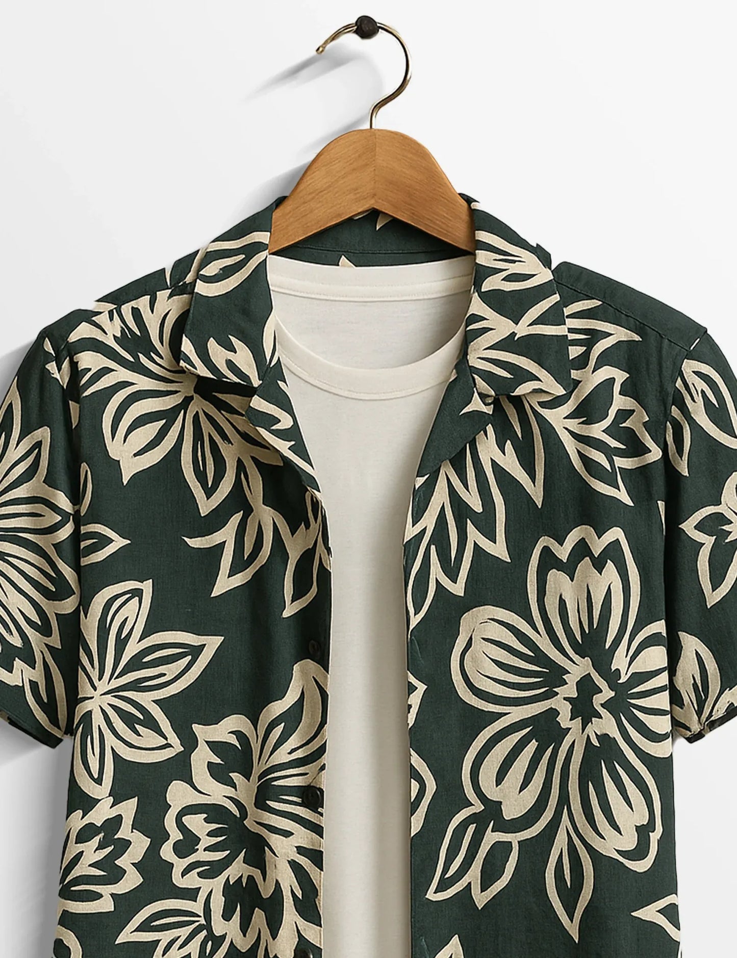 Dark Green Floral Print Shirt – Men’s Short Sleeve Button-Up (XS–6XL)