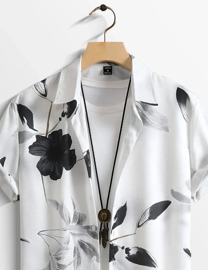 Monochrome Floral Print Shirt – Short Sleeve Button-Up (XS–6XL)