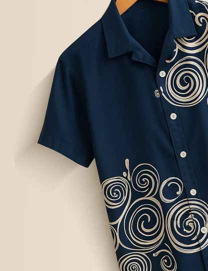 Navy Abstract Swirl Print Shirt – Men’s Short Sleeve Button-Up (XS–6XL)
