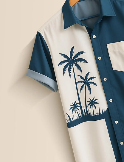 Palm Tree Color Block Shirt – Men’s Short Sleeve Button-Up (XS–6XL)