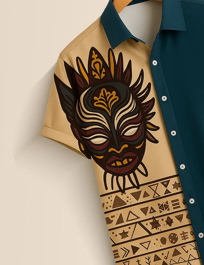 Tribal Mask Print Shirt – Men’s Short Sleeve Button-Up (XS–6XL)