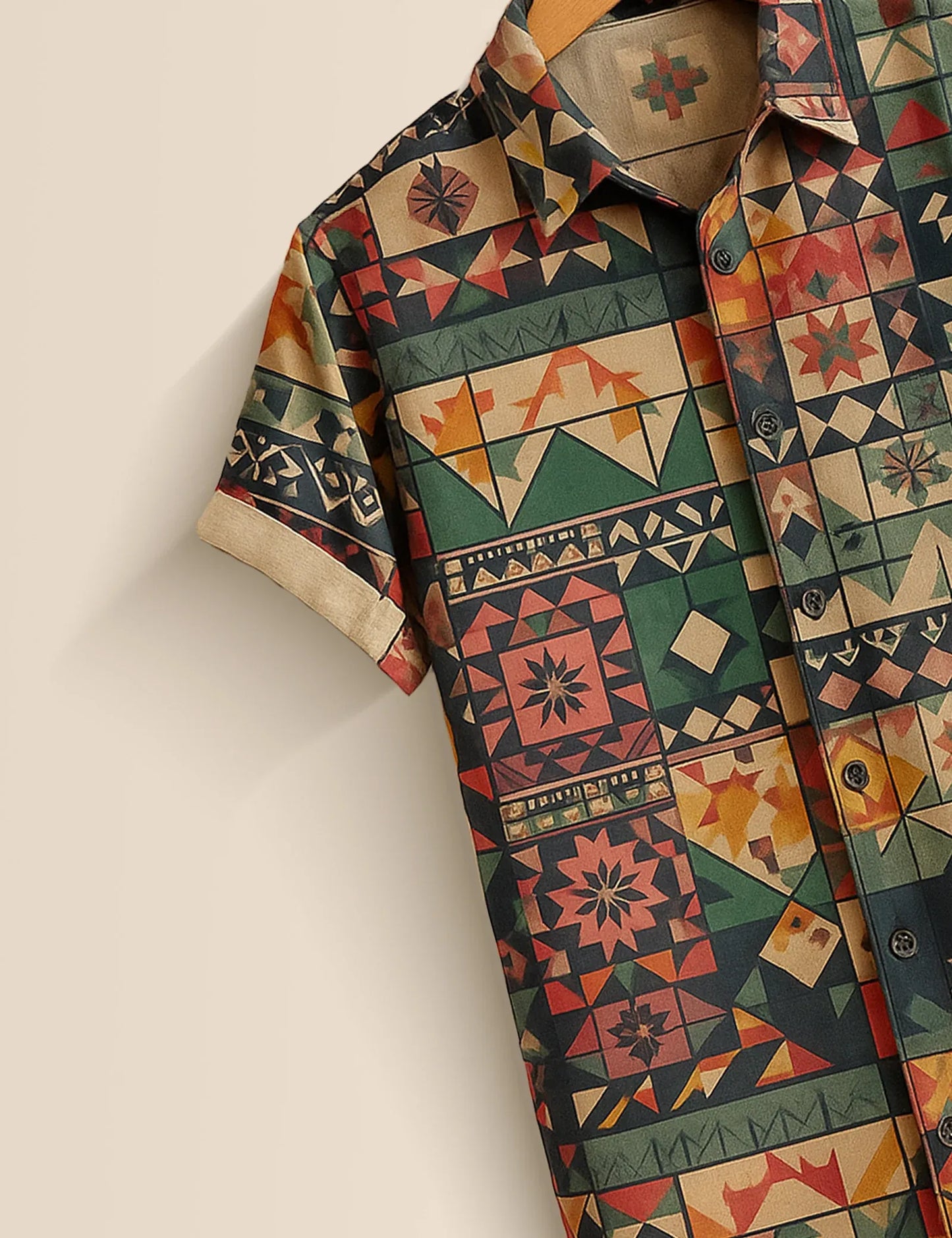 Geometric Tribal Patchwork Shirt – Men’s Short Sleeve Button-Up (XS–6XL)