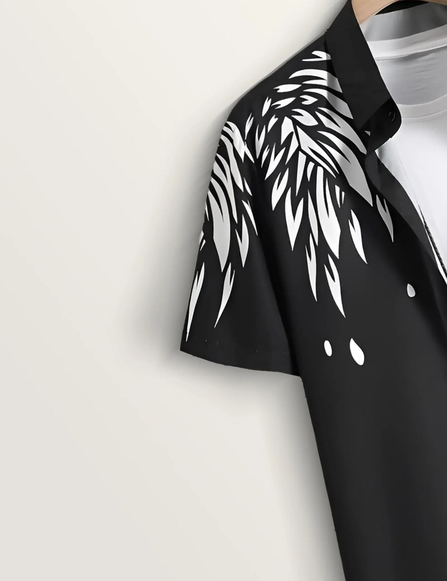 Black Abstract Feather Print Shirt – Men’s Short Sleeve Button-Up (XS–6XL)