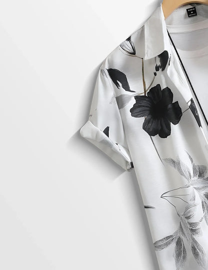 Monochrome Floral Print Shirt – Short Sleeve Button-Up (XS–6XL)