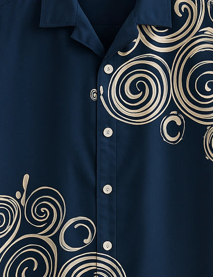 Navy Abstract Swirl Print Shirt – Men’s Short Sleeve Button-Up (XS–6XL)