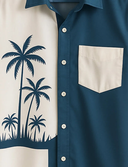 Palm Tree Color Block Shirt – Men’s Short Sleeve Button-Up (XS–6XL)