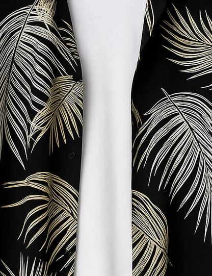 Black Palm Leaf Print Shirt – Men’s Short Sleeve Button-Up (XS–6XL)