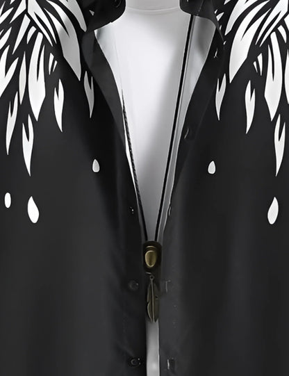 Black Abstract Feather Print Shirt – Men’s Short Sleeve Button-Up (XS–6XL)