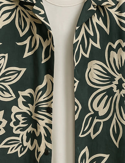 Dark Green Floral Print Shirt – Men’s Short Sleeve Button-Up (XS–6XL)