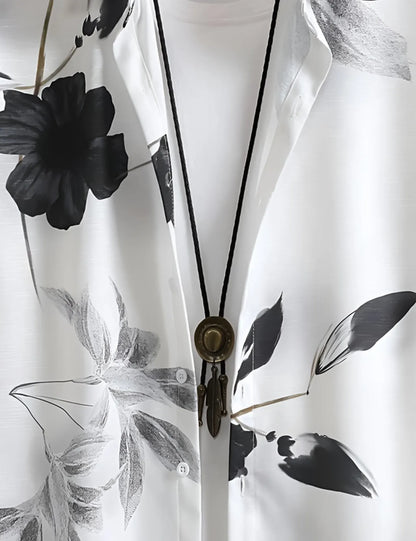 Monochrome Floral Print Shirt – Short Sleeve Button-Up (XS–6XL)